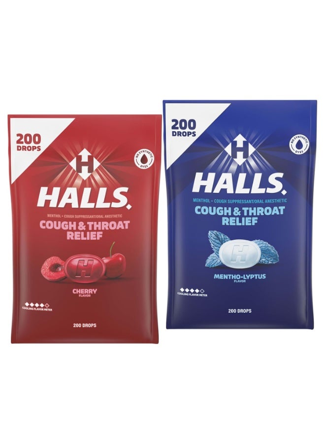 HALLS Cough and Throat Relief Cough Drops Variety Pack, Cherry and Mentho-Lyptus, 2 Bulk Packs (400 Drops Total)